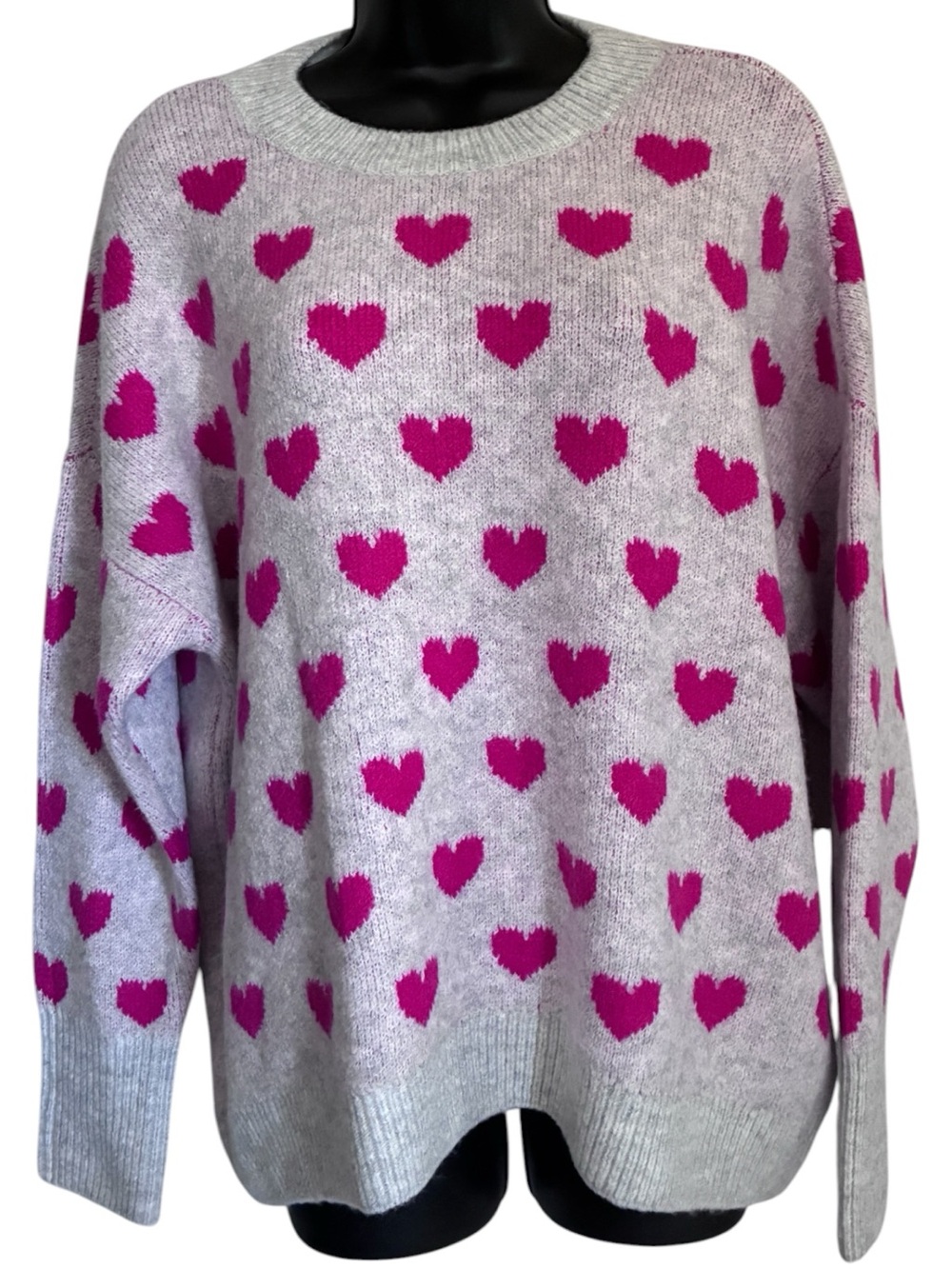 Light Gray Soft Girl Crewneck Sweater Valentines Day Pink Heart Print Sz M